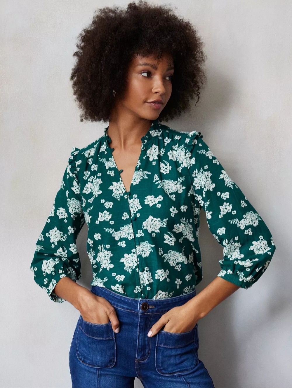 Floral Ruffled Button-Front Blouse